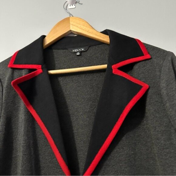 Misook Knit Blazer Jacket Gray Red Trim Open Front Career Chic Size Medium - Picture 6 of 11